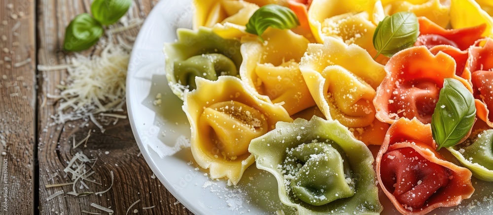 Poster Close up of colorful tortellini with melting butter arranged on a white plate on a wooden table topped with parmesan creating an appetizing copy space image