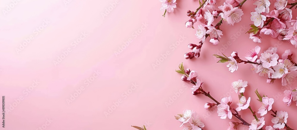 Poster cherry blossom branches on a pastel pink backdrop for a spring frame with copy space image