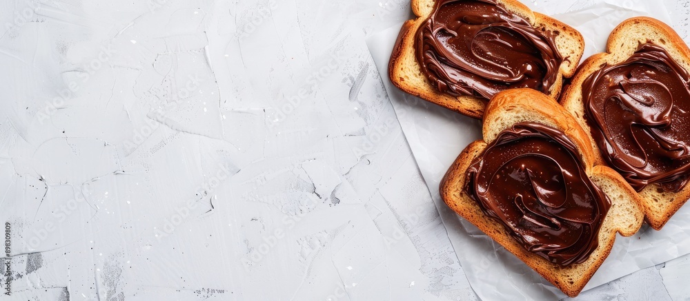 Poster Bengali slice bread with chocolate spread displayed in a flatlay image on a white background with available copy space