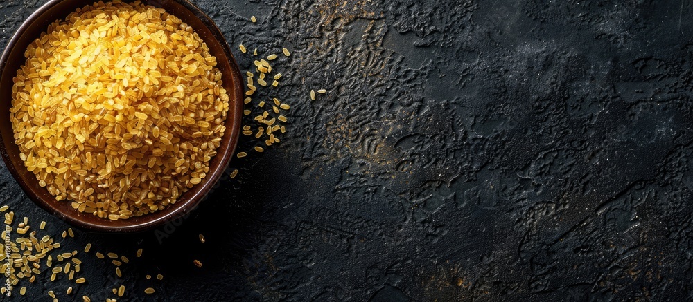 Poster Top view of crushed raw bulgur grain on a food background with copy space image perfect for a menu concept focused on organic healthy eating suitable for keto or paleo diets