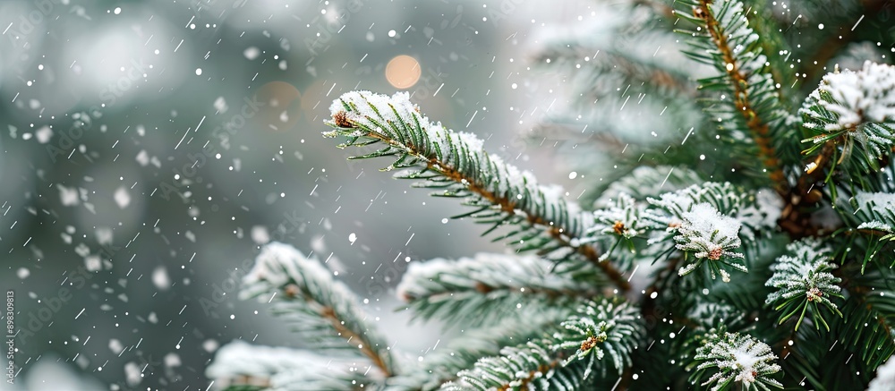 Leinwandbilder A close up image shows untouched soft white snow billowing on a green pine tree during cold winter weather with copy space image