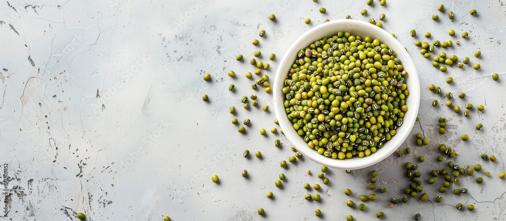 Poster a bowl filled with mung beans or green gram seeds on a white backdrop ideal for a copy space image
