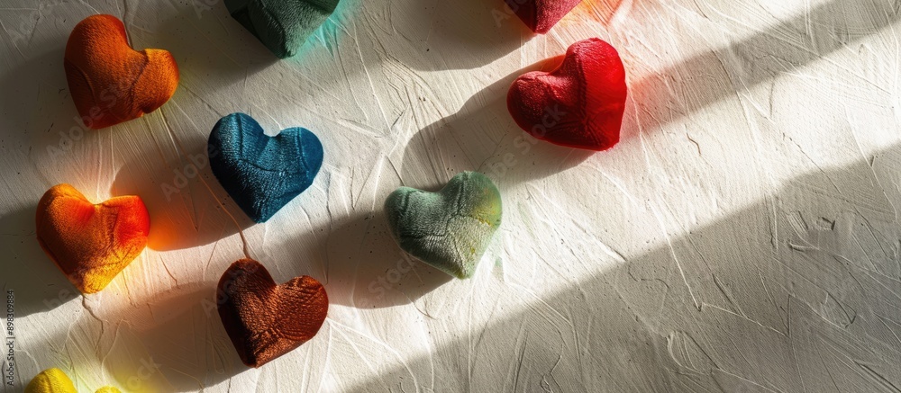 Poster colorful velvet paper hearts on a white surface casting shadows and light creating an abstract backg