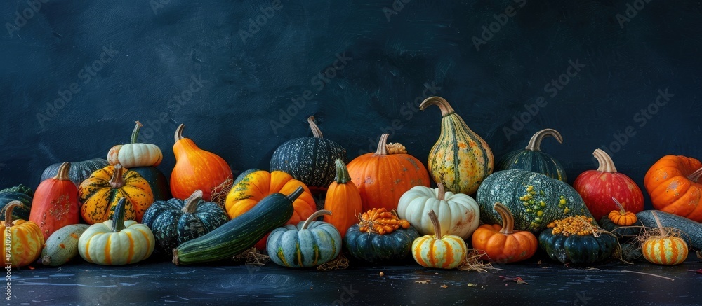 Poster assorted pumpkins and gourds of varying shapes and sizes displayed on a dark background with copy sp