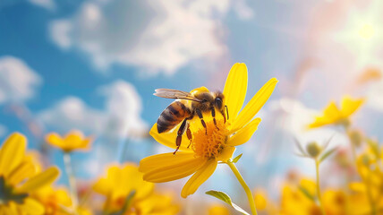close up a bee on a yellow sunflower on blue sky background