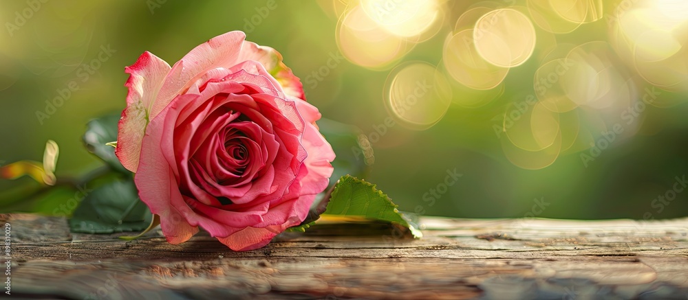 Poster a beautiful pink rose flower displayed on a wooden surface in an outdoor setting with ample copy spa