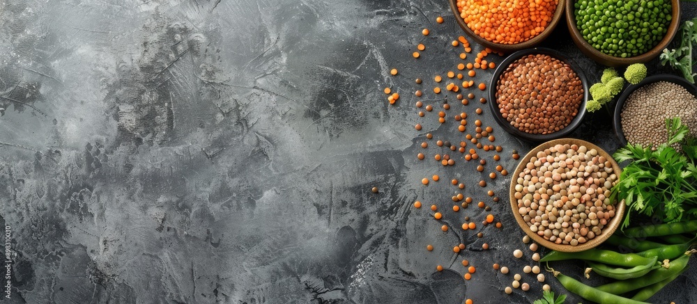 Poster an aerial shot of various peas lentils and legumes on a gray backdrop with ample copy space image
