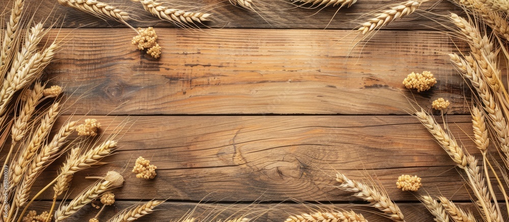 Poster barley and wheat ears placed on a wooden desk frame the copy space image leaving room for your text 