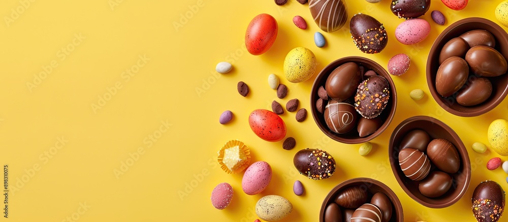 Aufkleber Flat lay arrangement of chocolate Easter eggs and sweets on a yellow backdrop with a view from above featuring a vacant area for text alongside copy space image