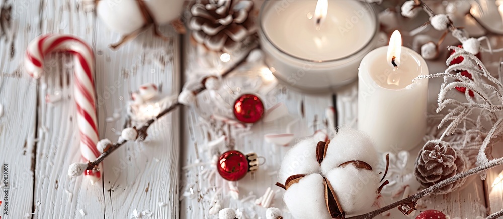 Poster close up top view of a festive arrangement featuring a cotton branch candles and a candy cane on a w