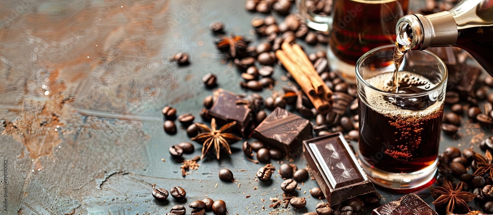 Aufkleber coffee liqueur is being poured from a bottle into a glass over a rustic tabletop scattered with coff