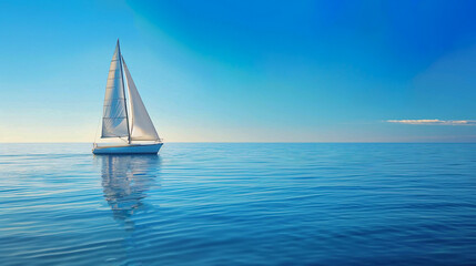 Obraz premium Sailboat sailing on calm sea under blue sky with reflection