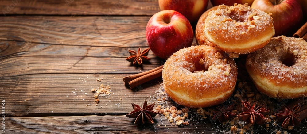 Aufkleber delicious homemade apple cinnamon donuts with apple pie crumble and spices placed on a wooden table 