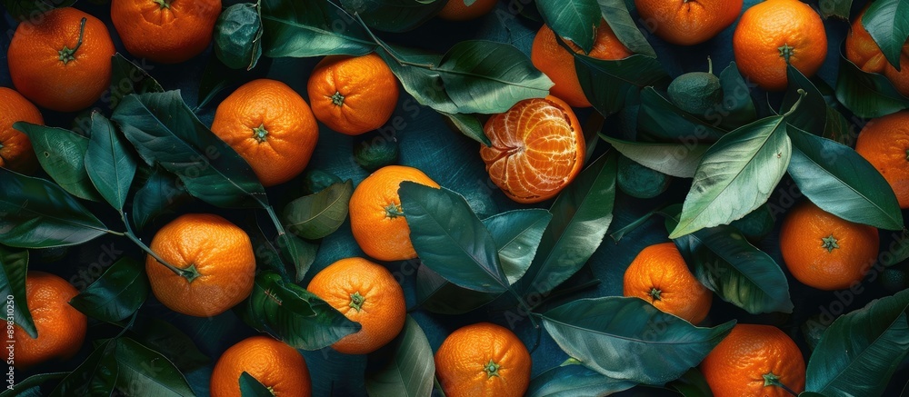 Poster colorful background with fresh mandarins and green leaves viewed from the top with room for a captio