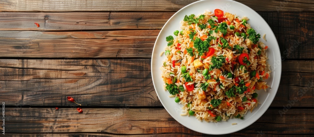 Poster Close up top view of a plate on a wooden table displaying delicious fried rice adorned with vegetables parsley and chili creating a rustic Indian and Asian cuisine copy space image