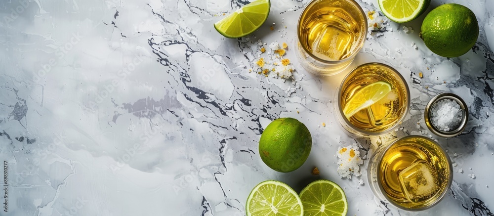 Aufkleber A flat lay composition featuring Mexican tequila shots lime slices and salt arranged on a grey marble surface with room for text in the image. Creative banner. Copyspace image