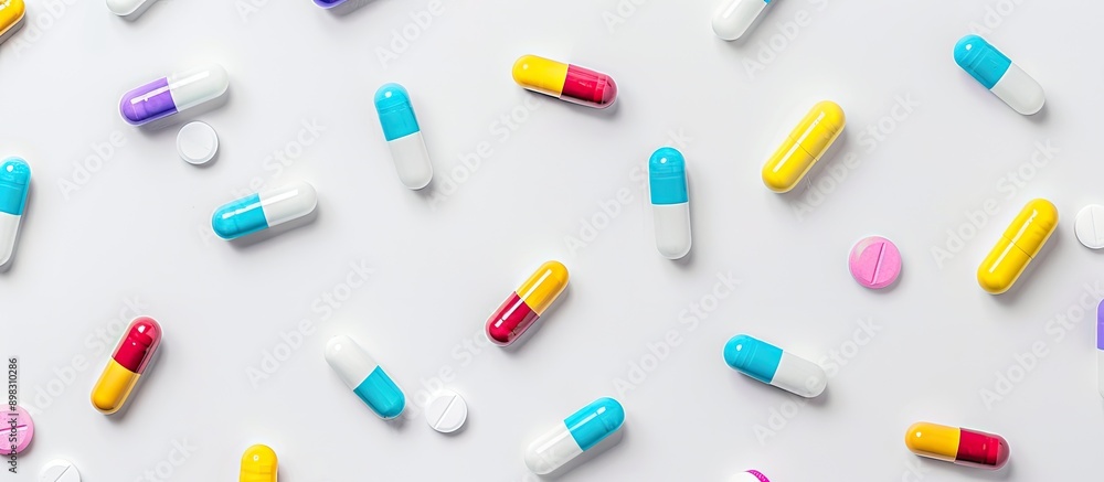 Poster colorful antibiotic capsules arranged neatly against a white backdrop providing ample copy space for