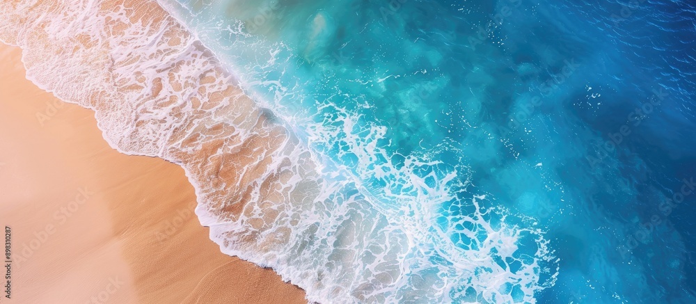 Aufkleber aerial view of a sandy beach by the ocean with a transparent blue and turquoise water surface offeri