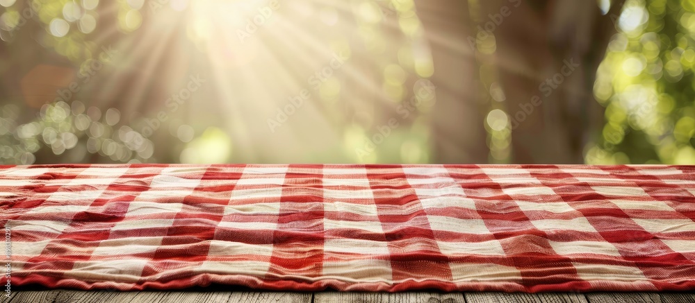Poster checkered red tablecloth on a wooden table with copy space image