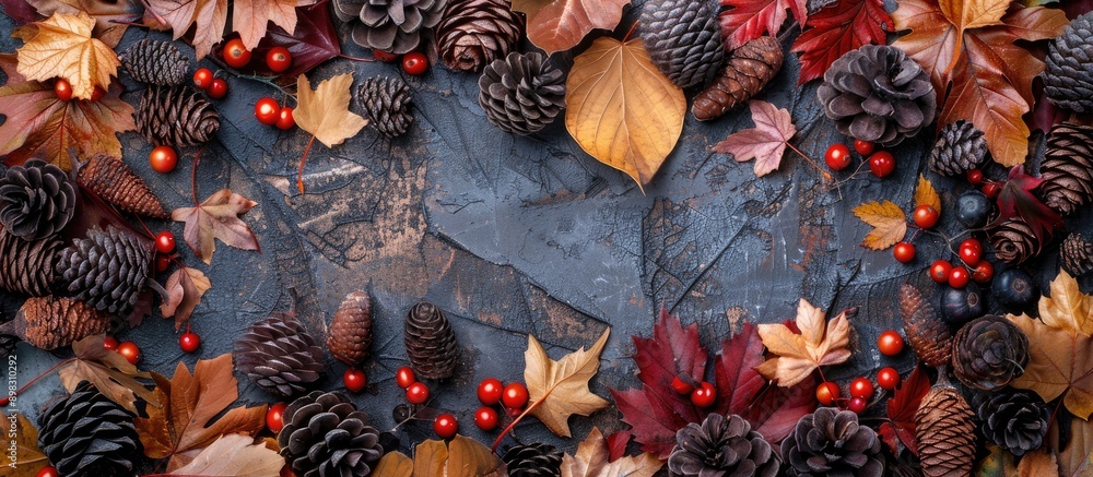 Leinwandbilder top view of autumn themed arrangement with leaves berries and cones creating a backdrop ideal for te