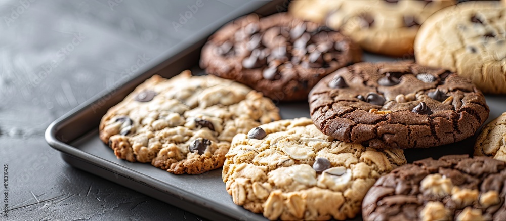 Poster assorted cookies including chocolate chip oatmeal raisin and white chocolate on a tray with copy spa