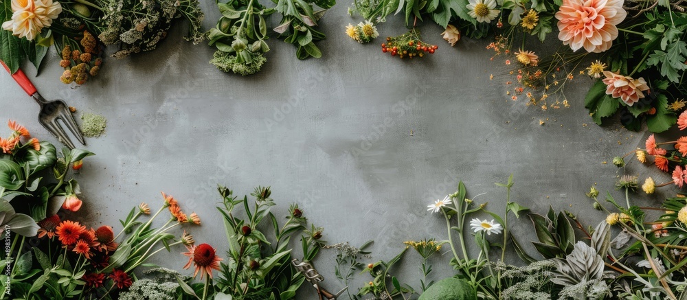 Poster A flat lay display featuring gardening tools and flowers arranged on a gray backdrop with room for added text in the copy space image
