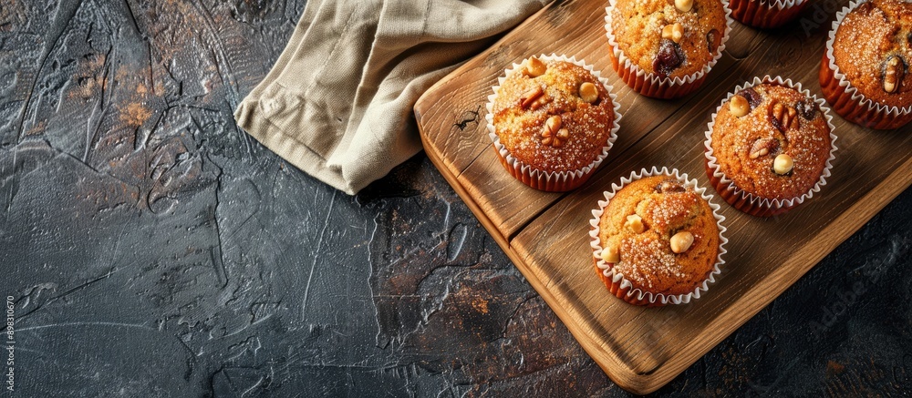 Poster Artificial stone kitchen cutting board with muffins perfect for displaying in a copy space image