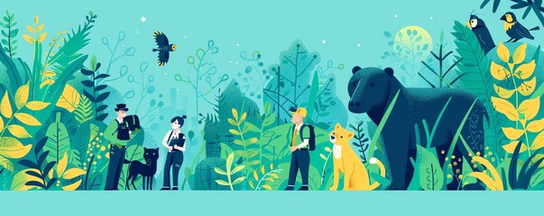 Wildlife conservation, animals and rangers, flat design illustration