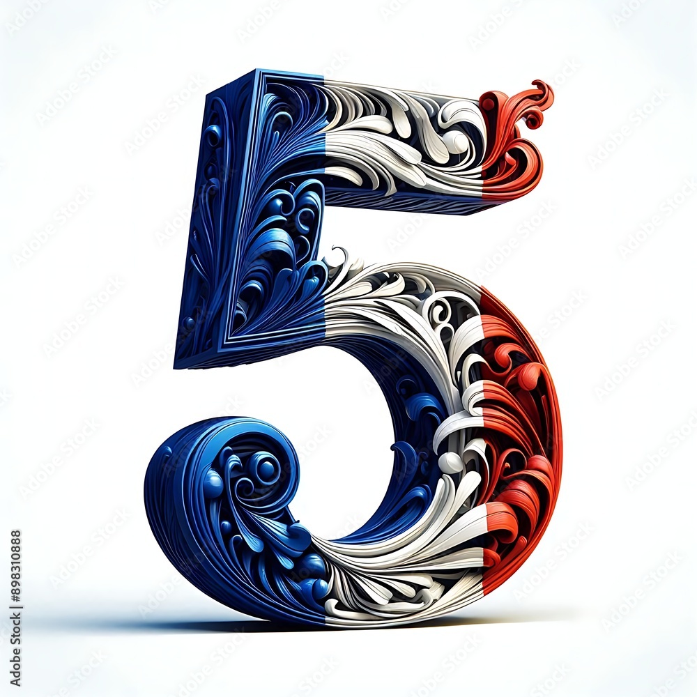 Poster the number 5 is written in a unique and artistic way, with a blue and red design. the number is surr