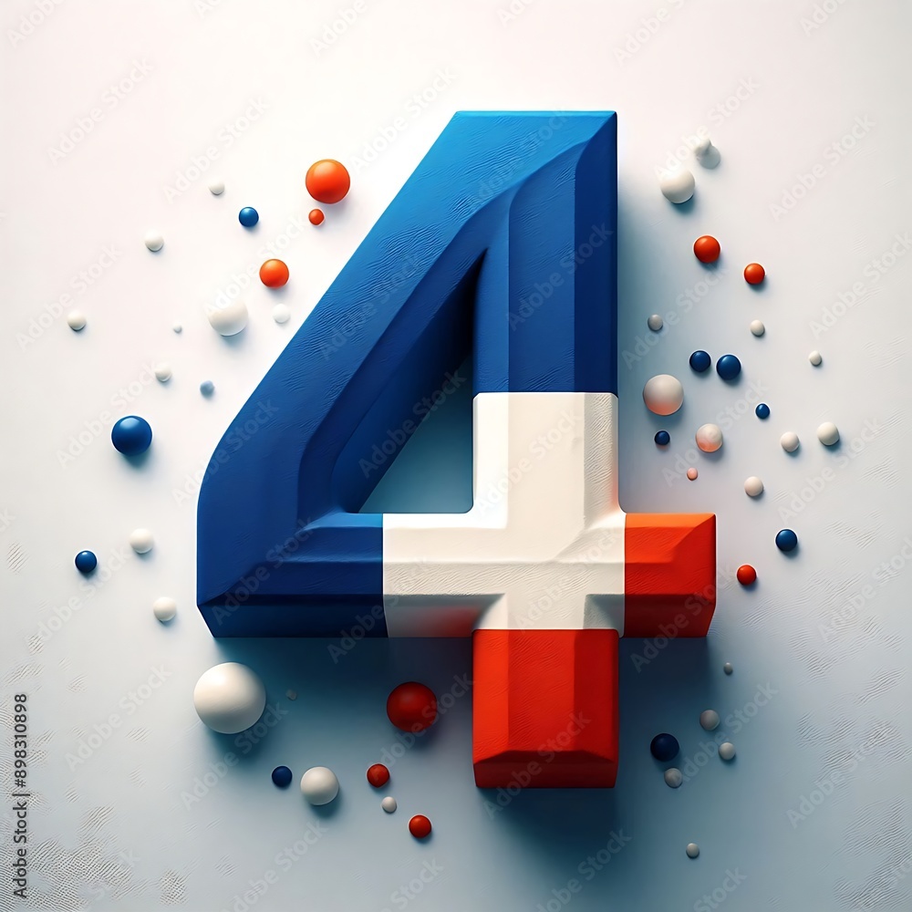 Poster the number 4 is made up of a blue, white, and red block. the block is surrounded by a lot of small, 