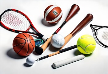 top view of sport equipment on white background, tennis ball, golf ball, bat, rackets and cricket ball on white background 