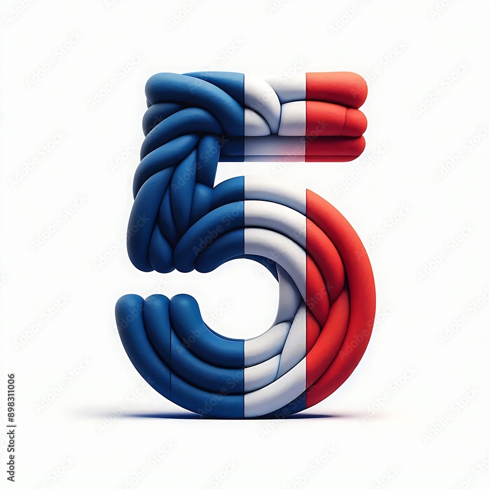Poster the number 5 is made out of red, white, and blue strings. the strings are twisted and knotted to cre