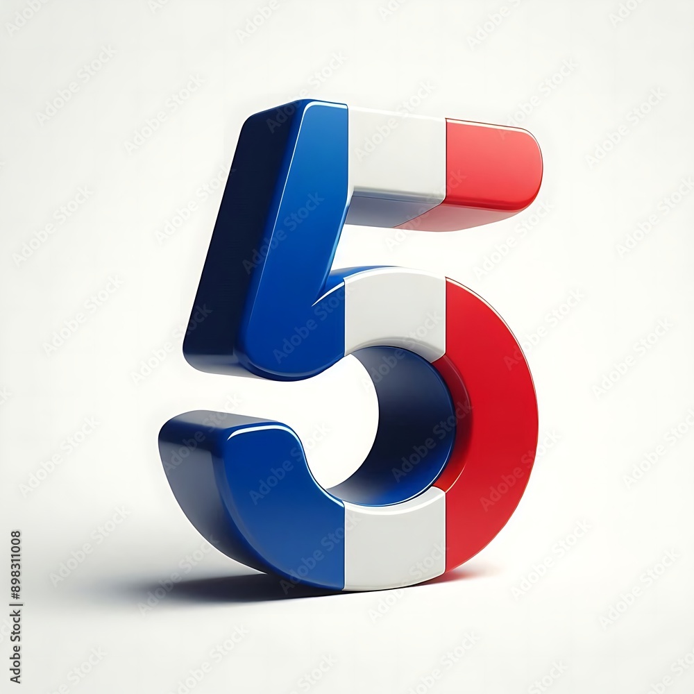 Poster the number 5 is in a red, white, and blue color scheme. it is a stylized number that is meant to rep