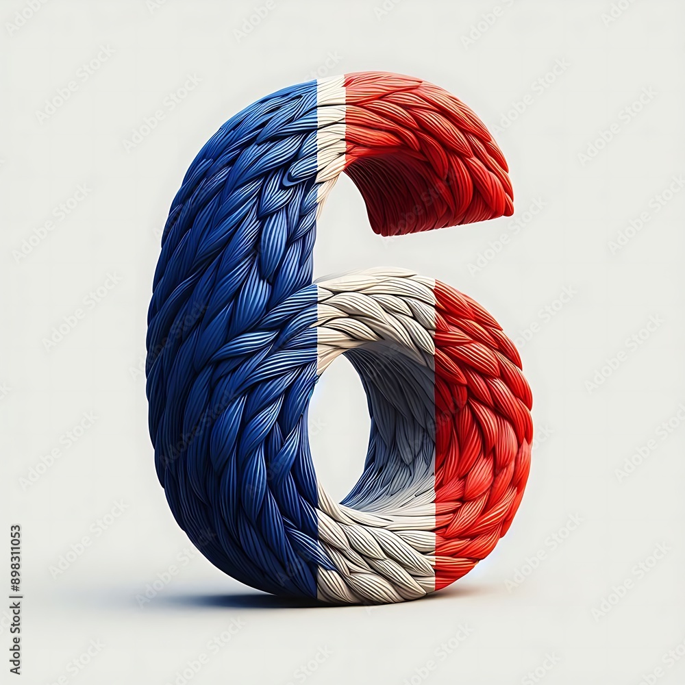 Poster the number 6 is made out of red, white, and blue strings. the strings are twisted and knotted to cre