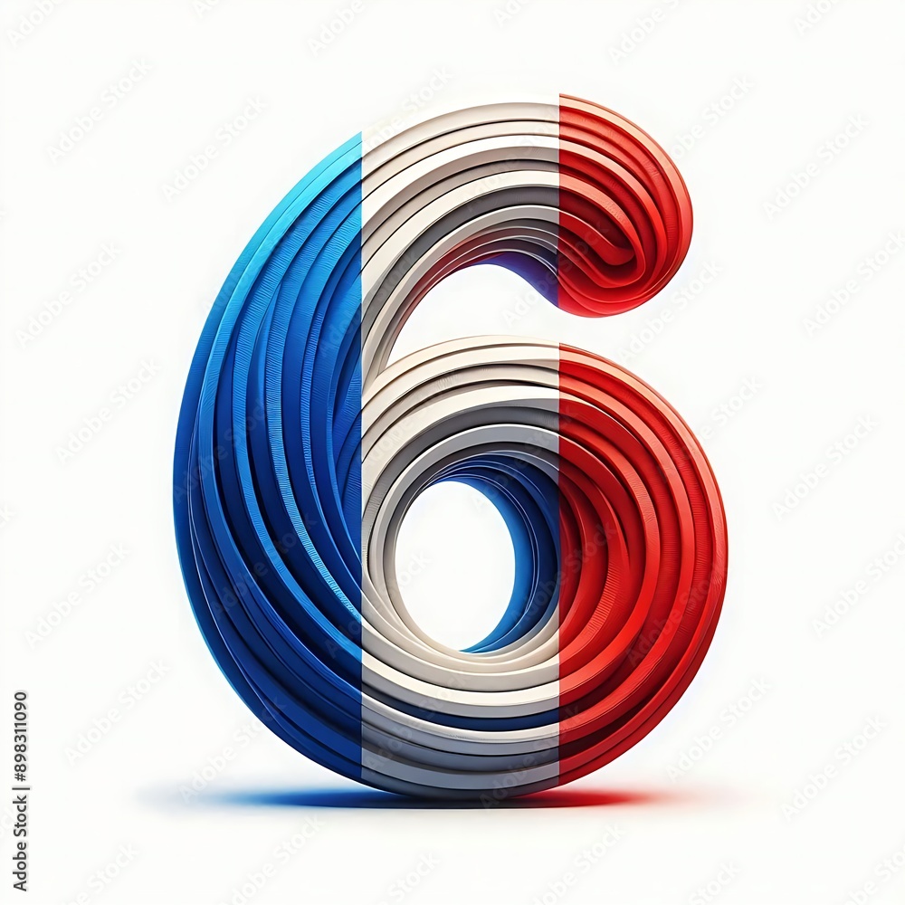 Poster the number 6 is written in a spiral shape with red, white, and blue colors. the design is abstract a