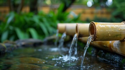 A bamboo water fountain in a garden, with water gently cascading over the smooth bamboo surfaces, creating a soothing and natural ambiance.