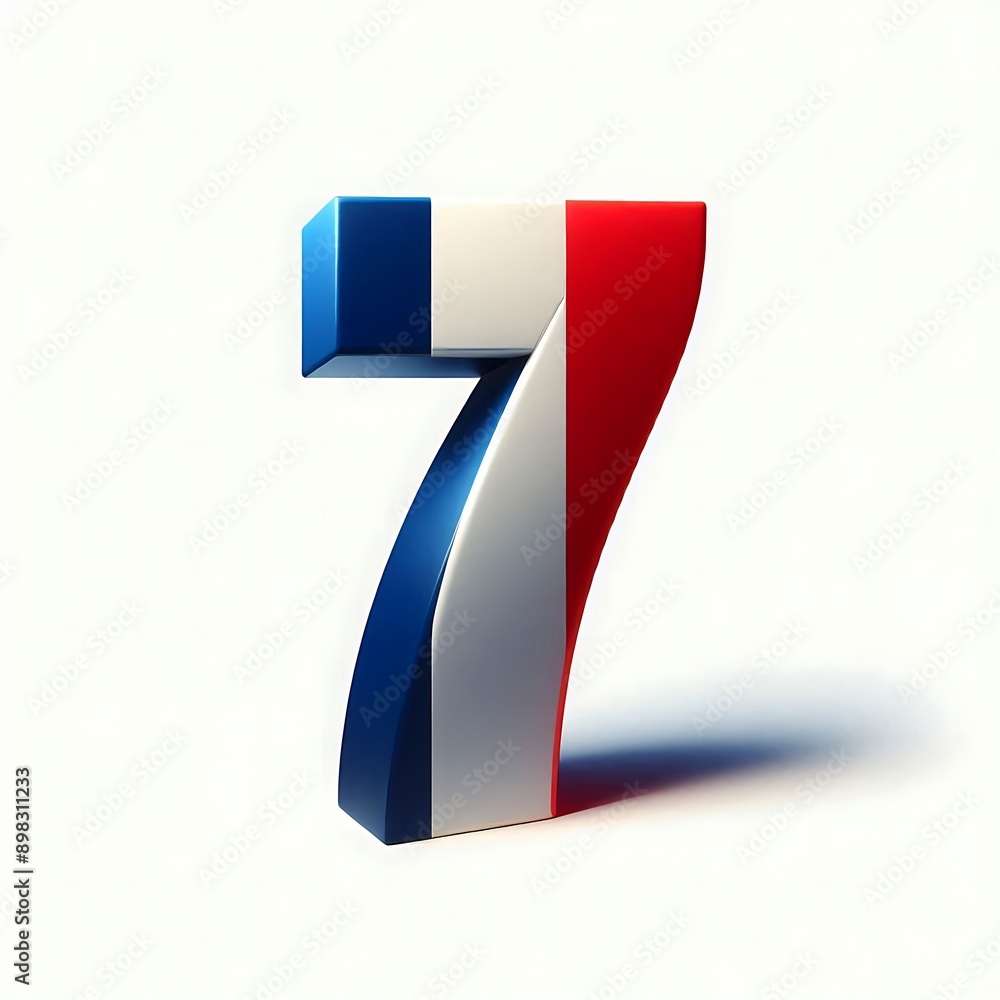 Poster the number 7 is in a blue, red, and white color scheme. it is a stylized number that is meant to rep