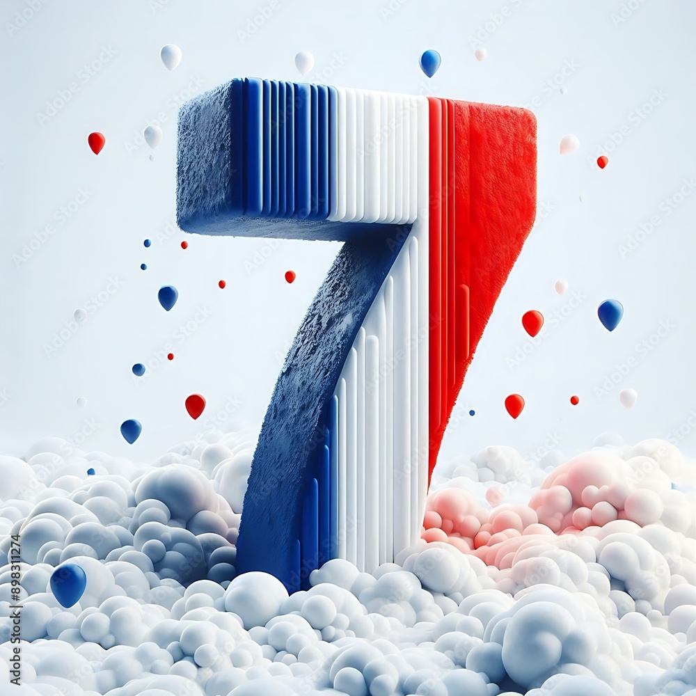 Poster the number 7 is made out of balloons and is surrounded by clouds. the balloons are scattered through