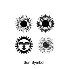 Sun symbols, black and white illustrations, circular designs, radial patterns, celestial motifs, stylized sunbursts, geometric sun faces, minimalist line art, ancient astronomical imagery, symmetrical