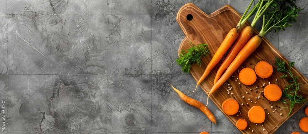 Aufkleber carrots and slices on a wooden board against a grey tile background with open space for images. crea