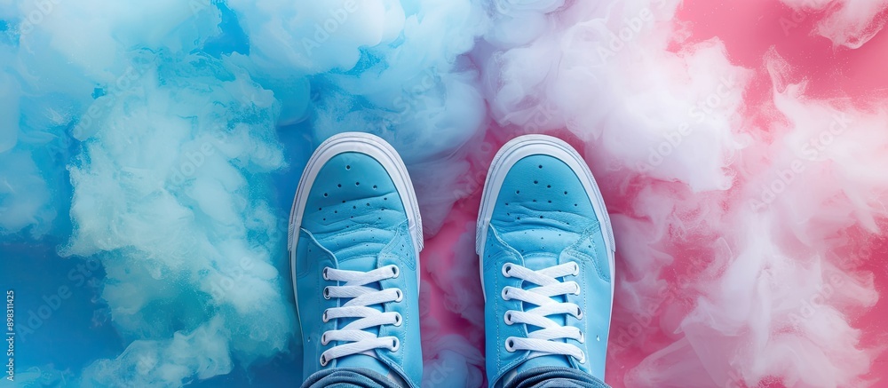 Aufkleber Top down view of blue sneakers on a colorful background with clouds creating a scenic copy space image