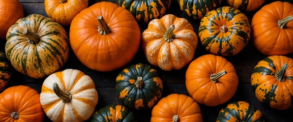 Pumpkins of different shapes and colors, top view, pattern. Autumn header design. Illustration for web and social media