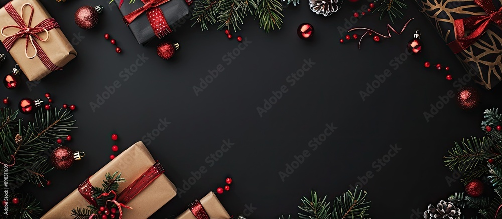 Poster a classy black background with a stylish frame and festive gifts perfect for christmas and new year 