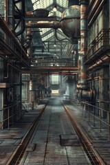 Obraz premium Industrial Revolution. Iron girders, rivets, and steam pipes, with an industrial-era aesthetic. The center is a blank factory floor, with hints of machinery in the shadows.