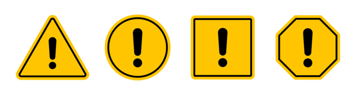 Hazard symbol in yellow color with black exclamatory symbol in different shapes. Caution symbols set with exclamation mark in various shapes. Danger warning icon set.