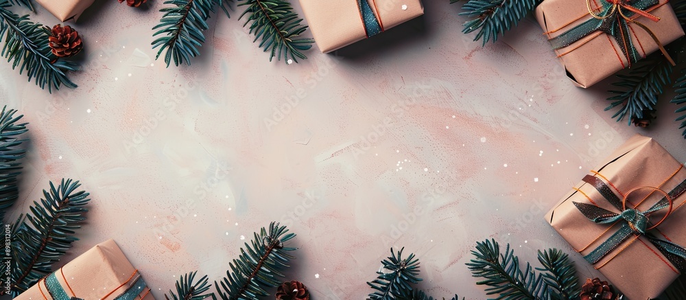 Poster top view flat lay of christmas gifts and fir branches on a background with room for text or images a