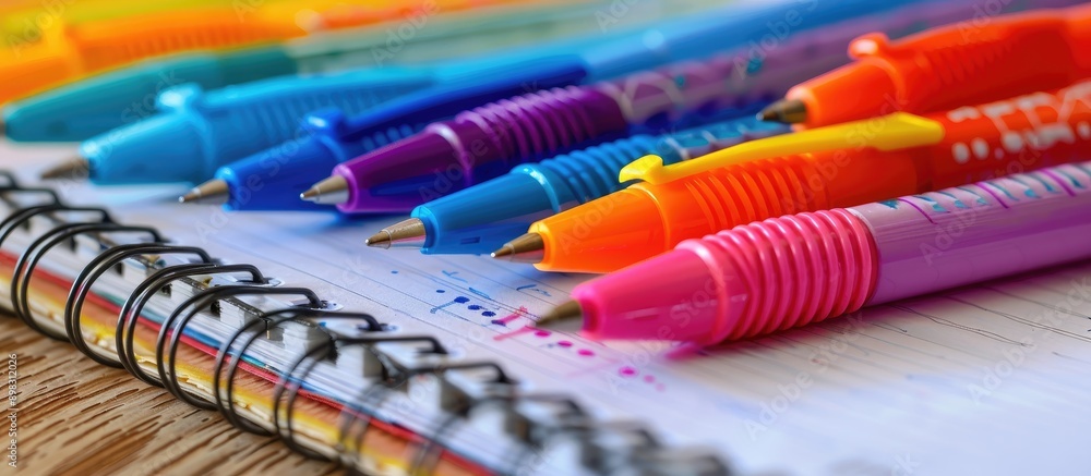 Aufkleber Assorted colored pens laying on top of an open notebook with space for text and images. Creative banner. Copyspace image