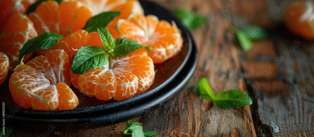 Poster Close up side view of Mandarin slices arranged on a black plate placed on a rustic wooden table with copy space image for text