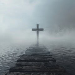 Solitary Cross Over Misty Water at Dawn