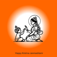 Happy Janmashtami festival of India with llustration of Lord Krishna and dahi handi competition with text in Hindi meaning 'Krishan Janmashtami
